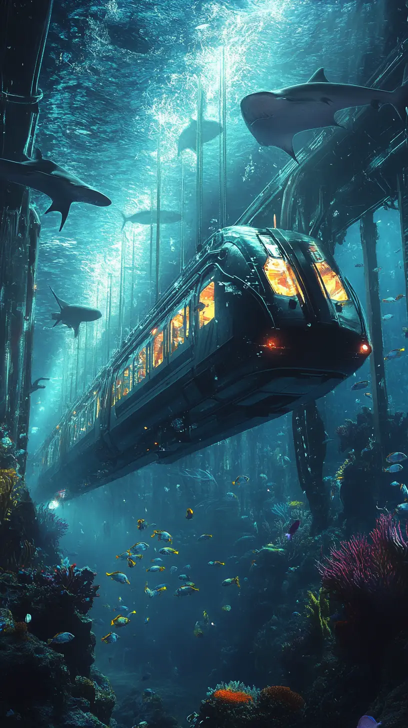 Futuristic train racing through a glowing underwater world