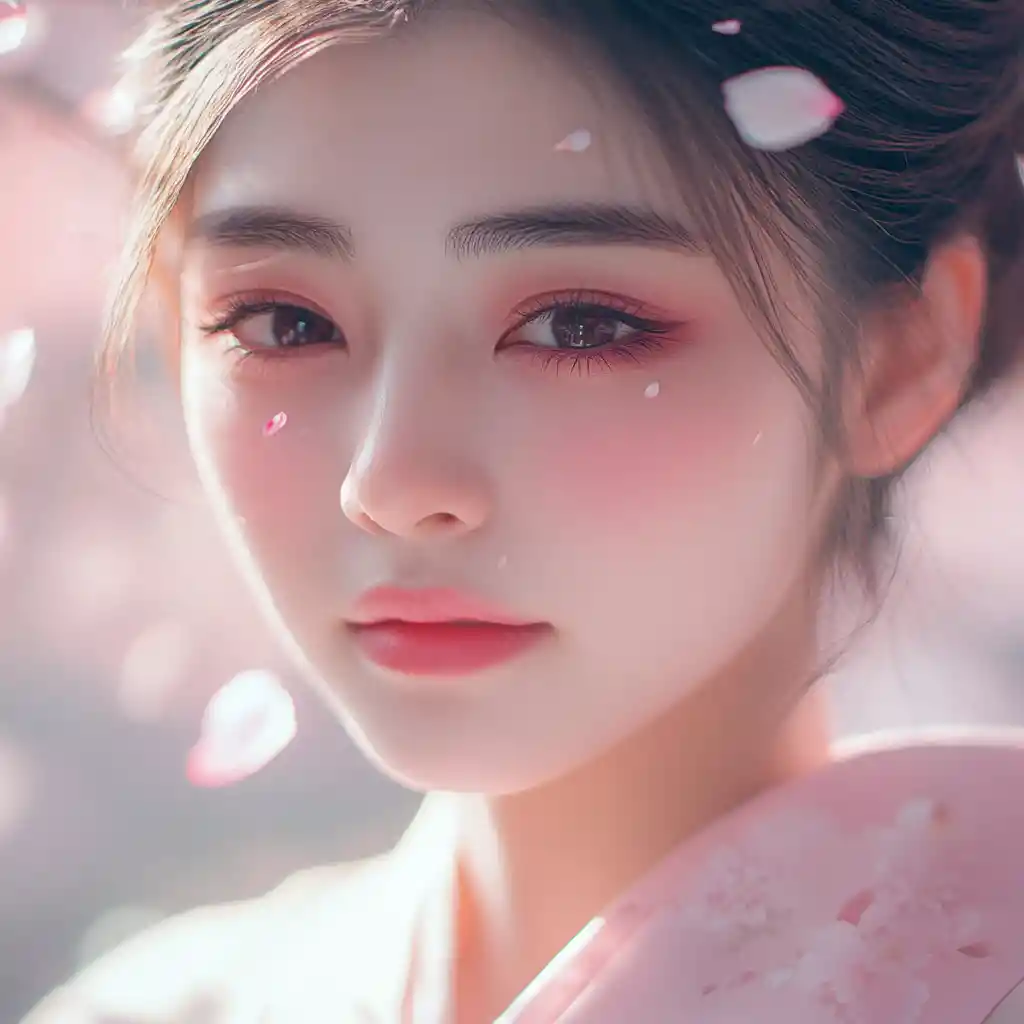 Close up portrait of girl in pastel kimono with petals