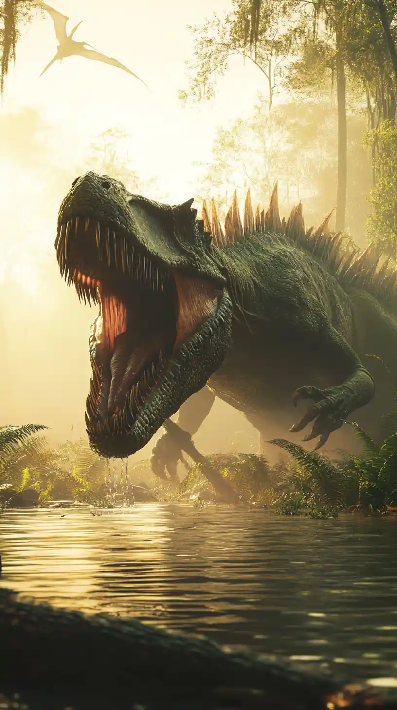 Colossal spinosaurus roaring in a misty prehistoric swamp