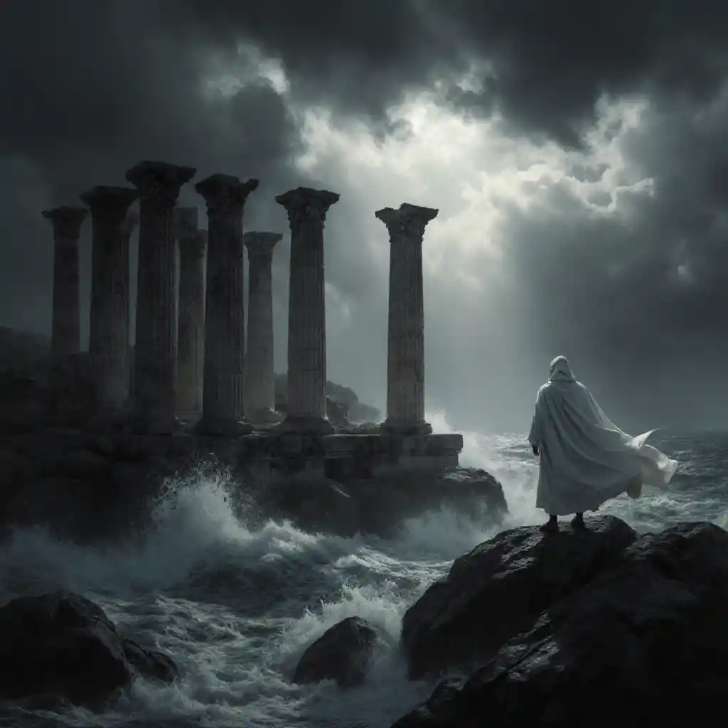 Ancient Ruins Above A Stormy Ocean Under Dark Clouds