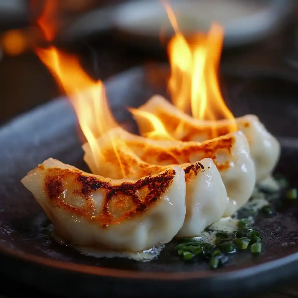 Flaming dumplings with crispy golden skin and juicy filling