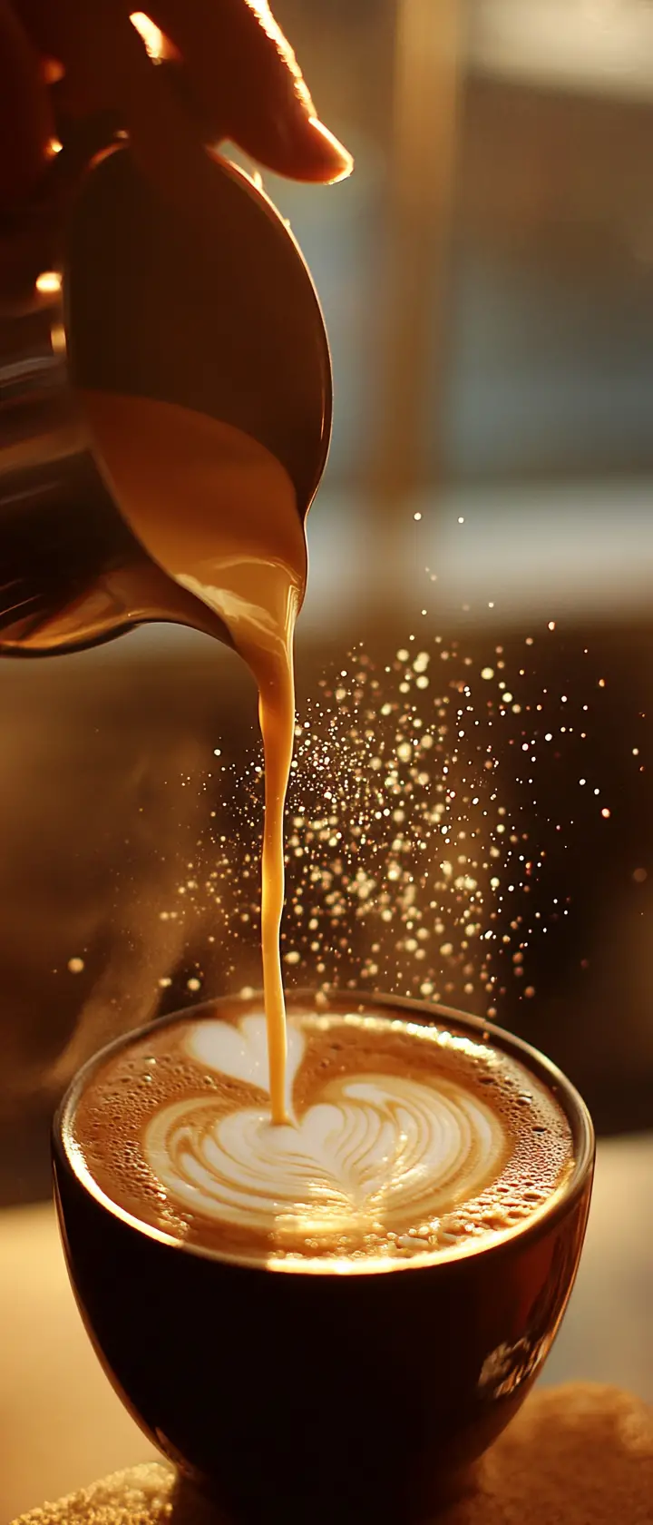 Barista Pouring Latte Art In Sunlit Kyoto Cafe Interior