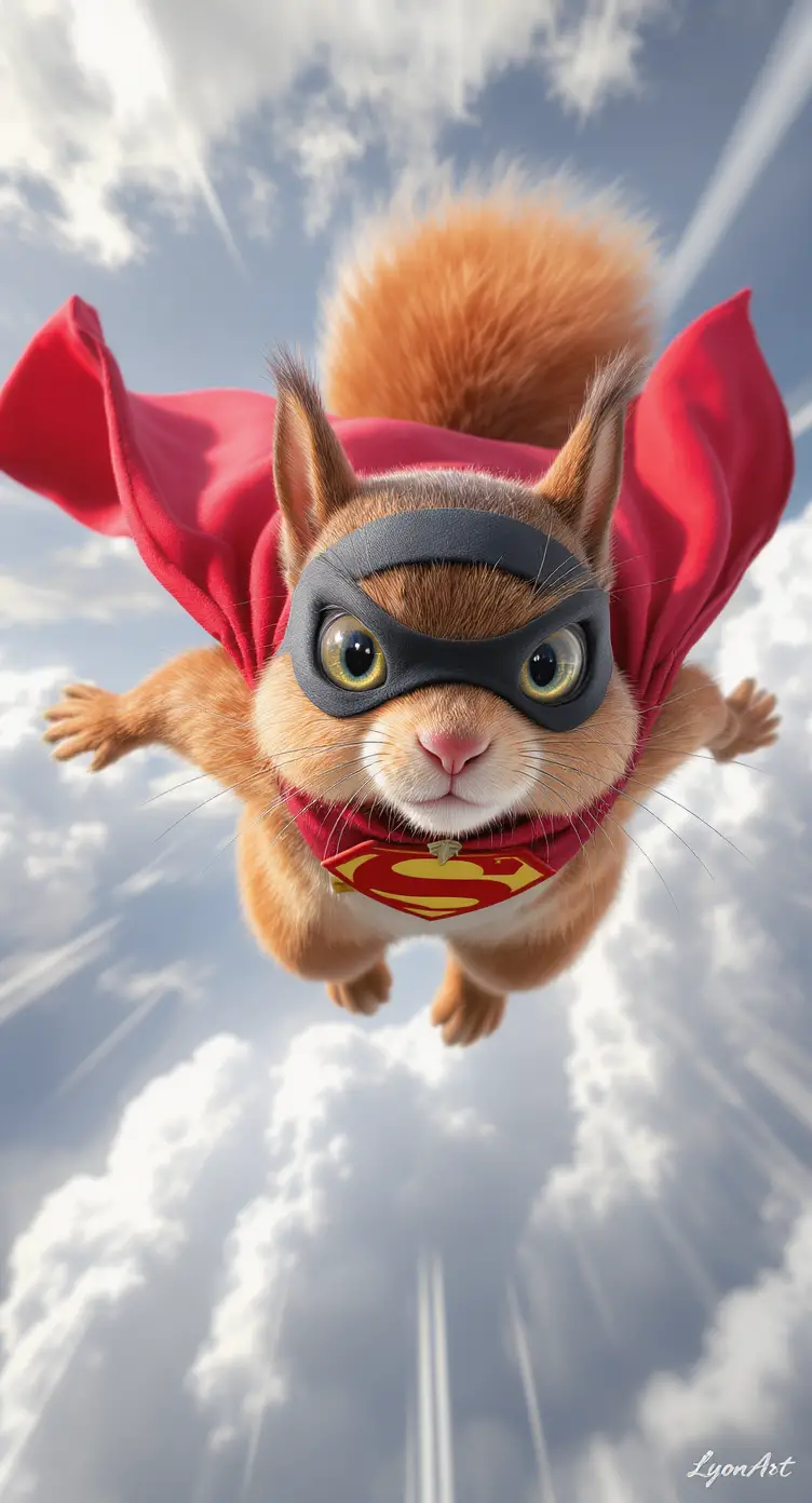 Flying squirrel superhero soaring fast across the cloudy sky