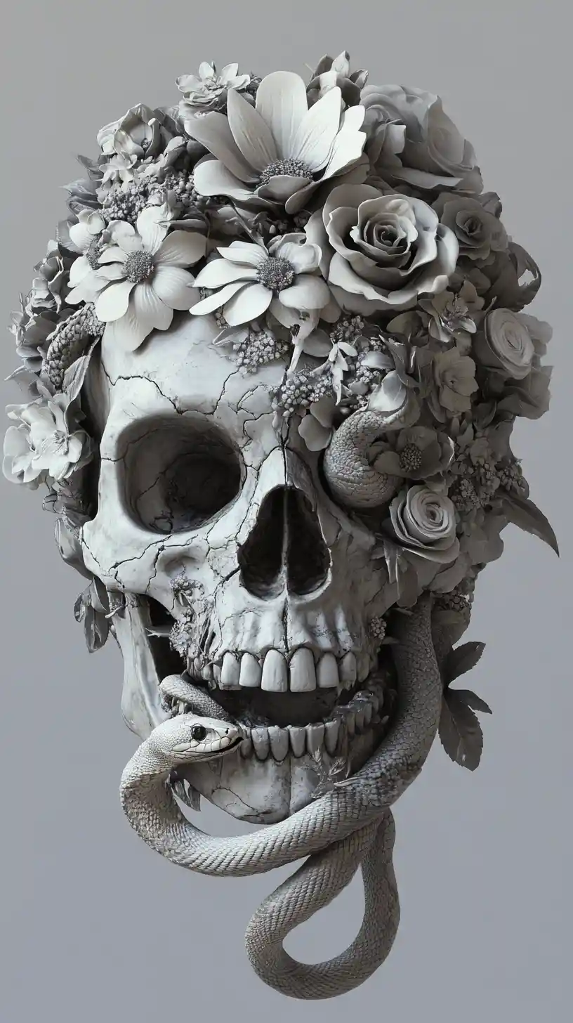Broken skull with flowers and snake emerging from eye