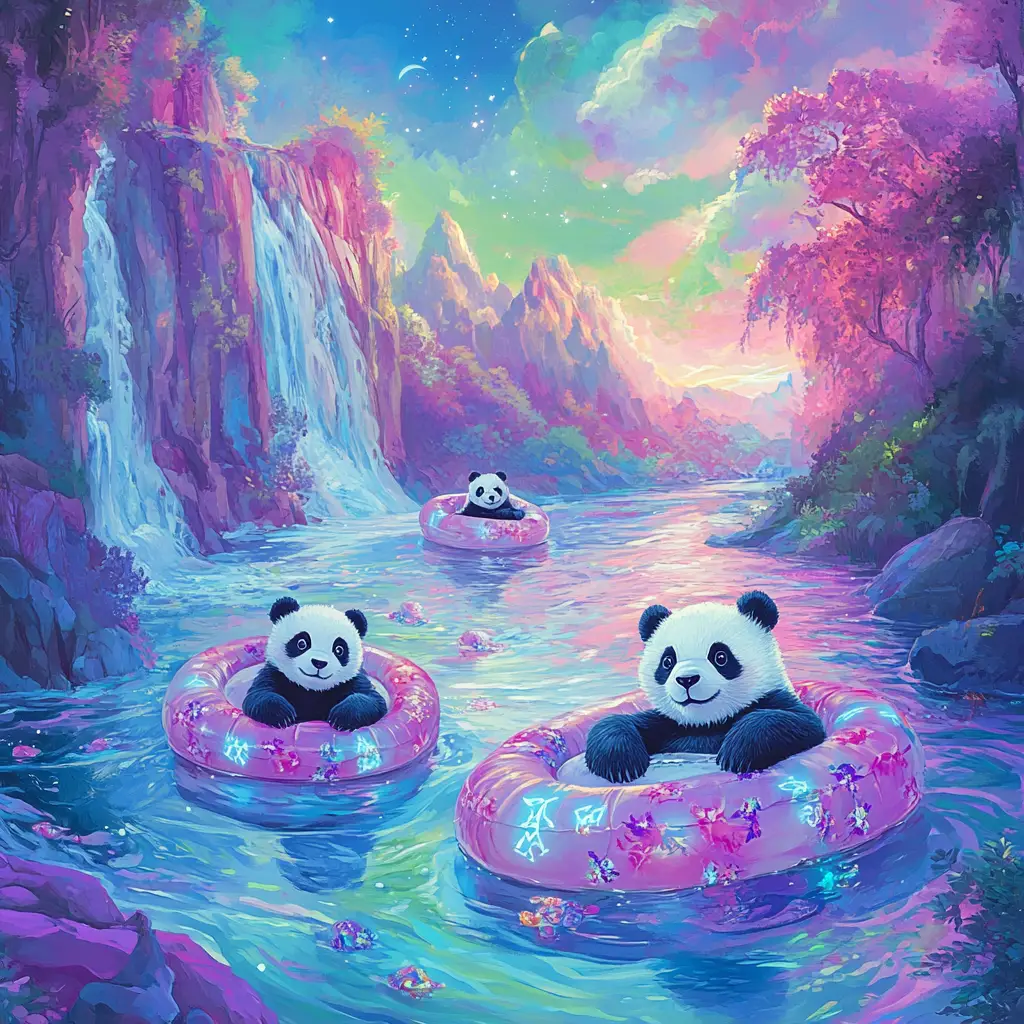 Cute baby pandas floating on candy tubes in a river
