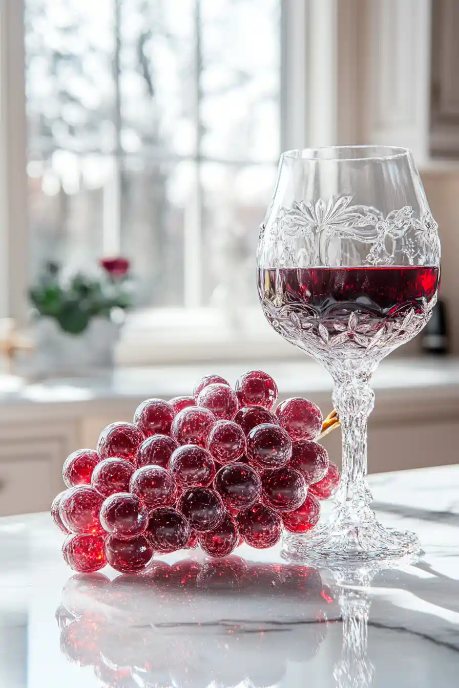 Crystal grapes and wine glass glowing on marble countertop