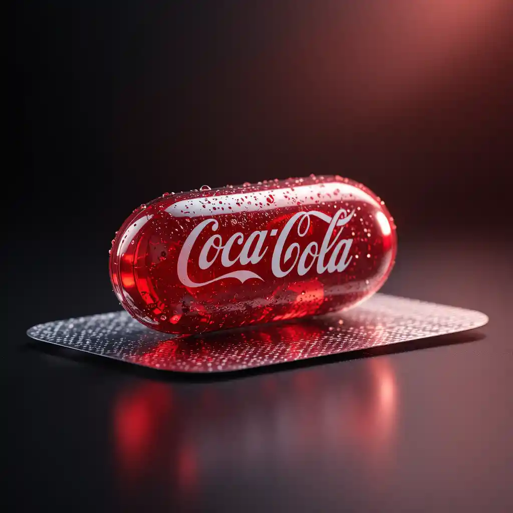 Translucent red cola capsule in metallic blister pack