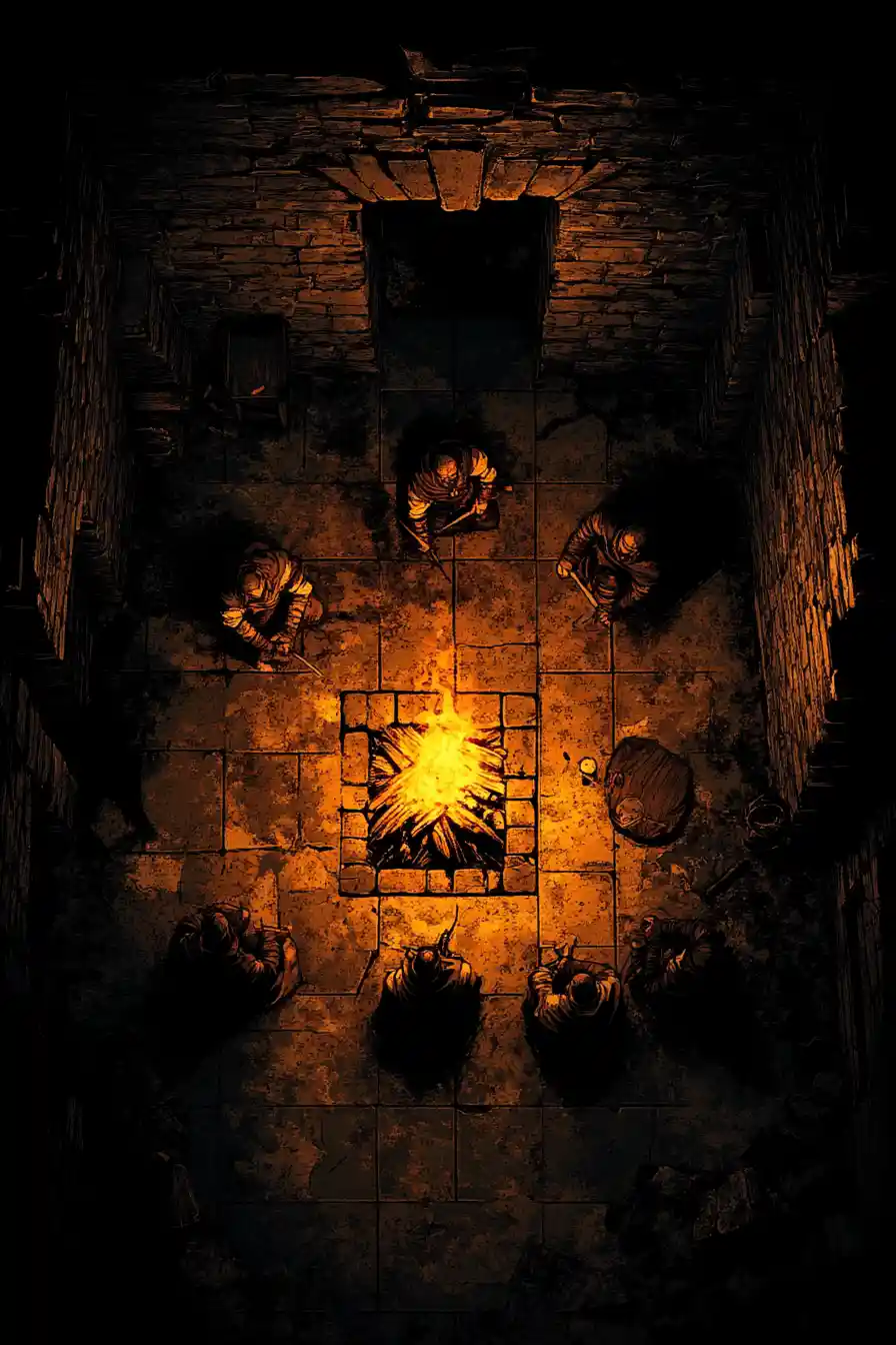 Weary heroes resting by a lonely campfire