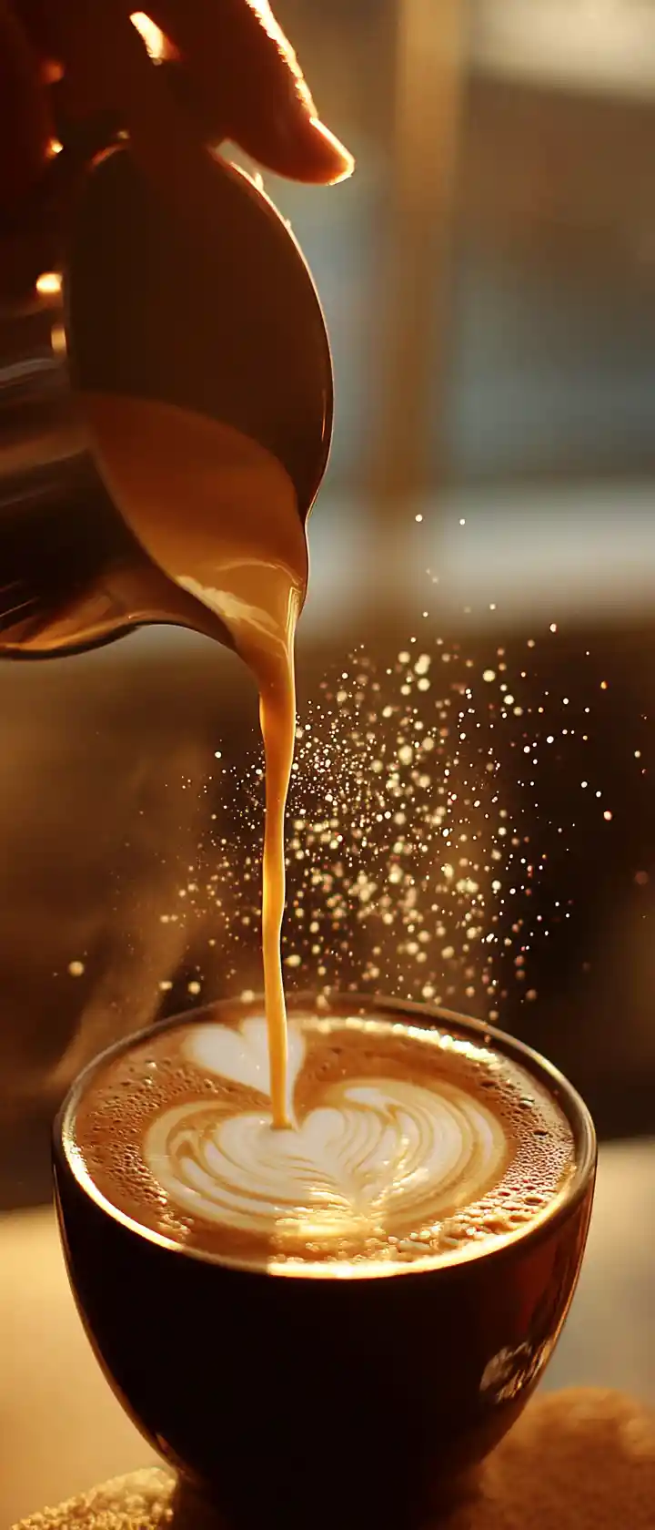 Barista Pouring Latte Art In Sunlit Kyoto Cafe Interior