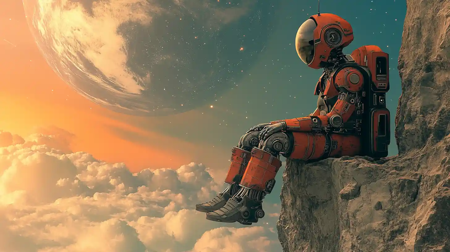 Steampunk robot on cliff watching a distant alien planet