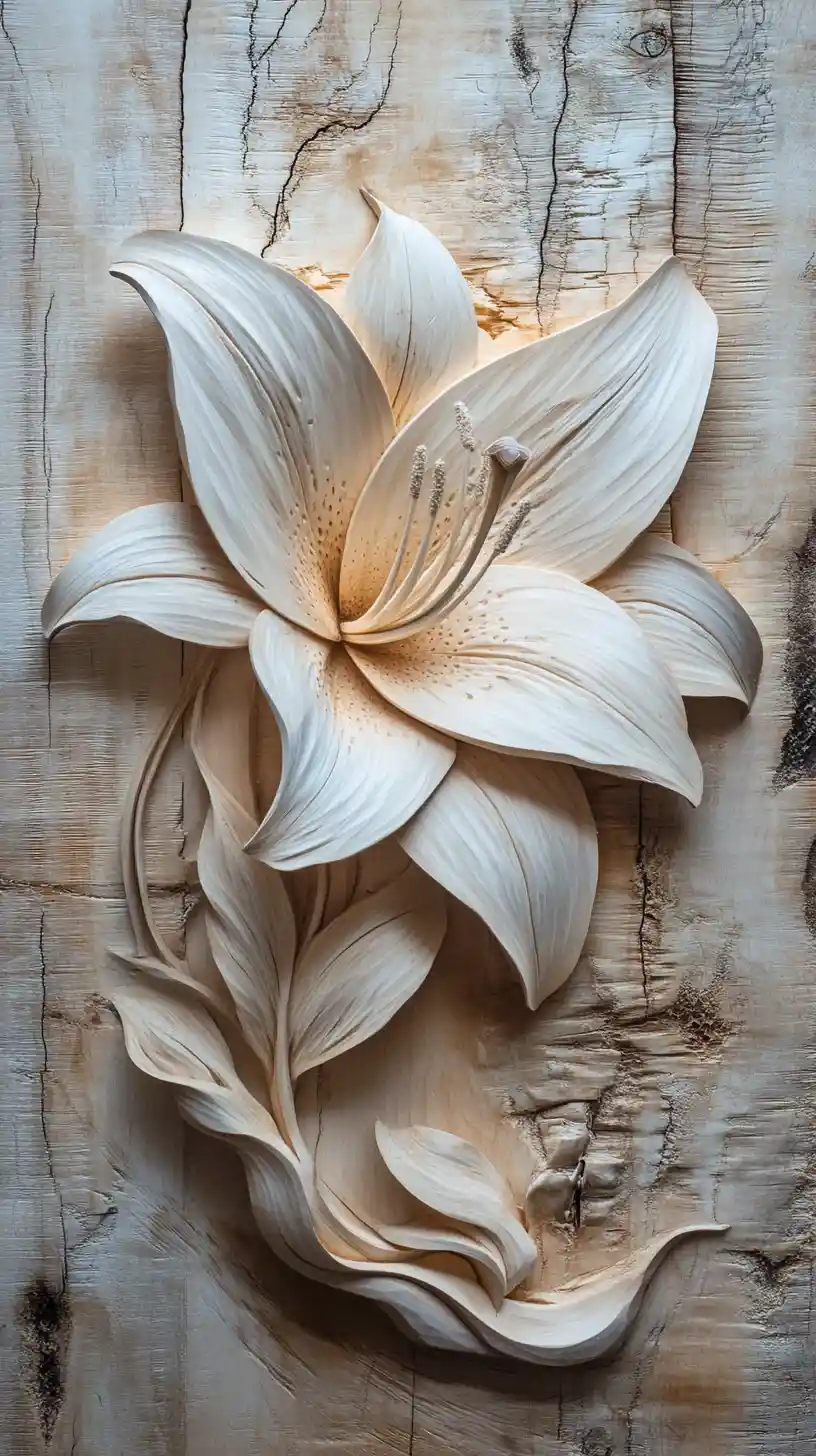 Carved lily flower in smooth birch wood artwork