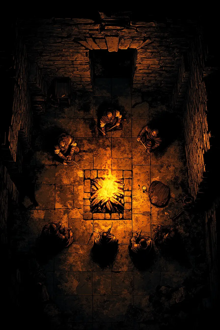 Weary heroes resting by a lonely campfire
