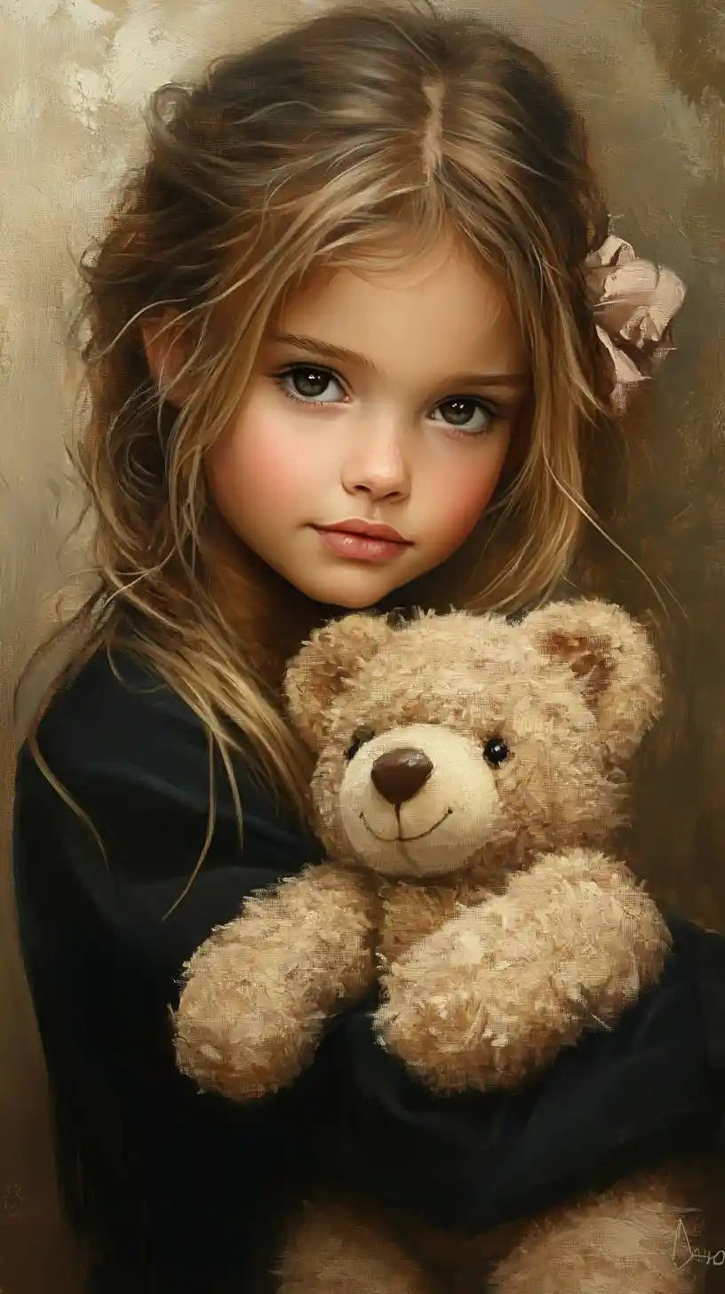 Cute girl holding a teddy bear in digital painting