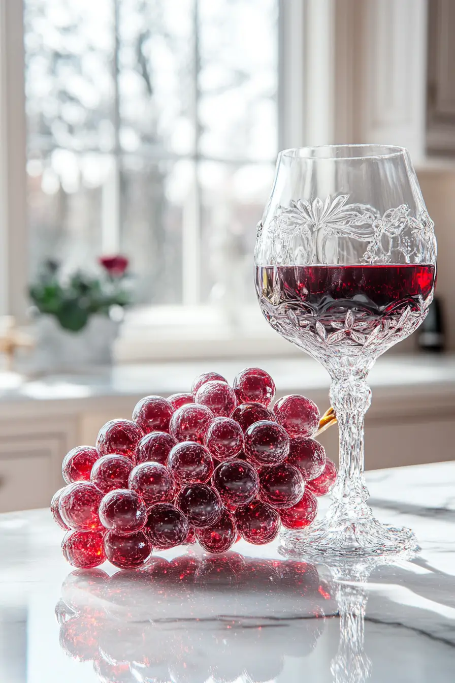 Crystal grapes and wine glass glowing on marble countertop