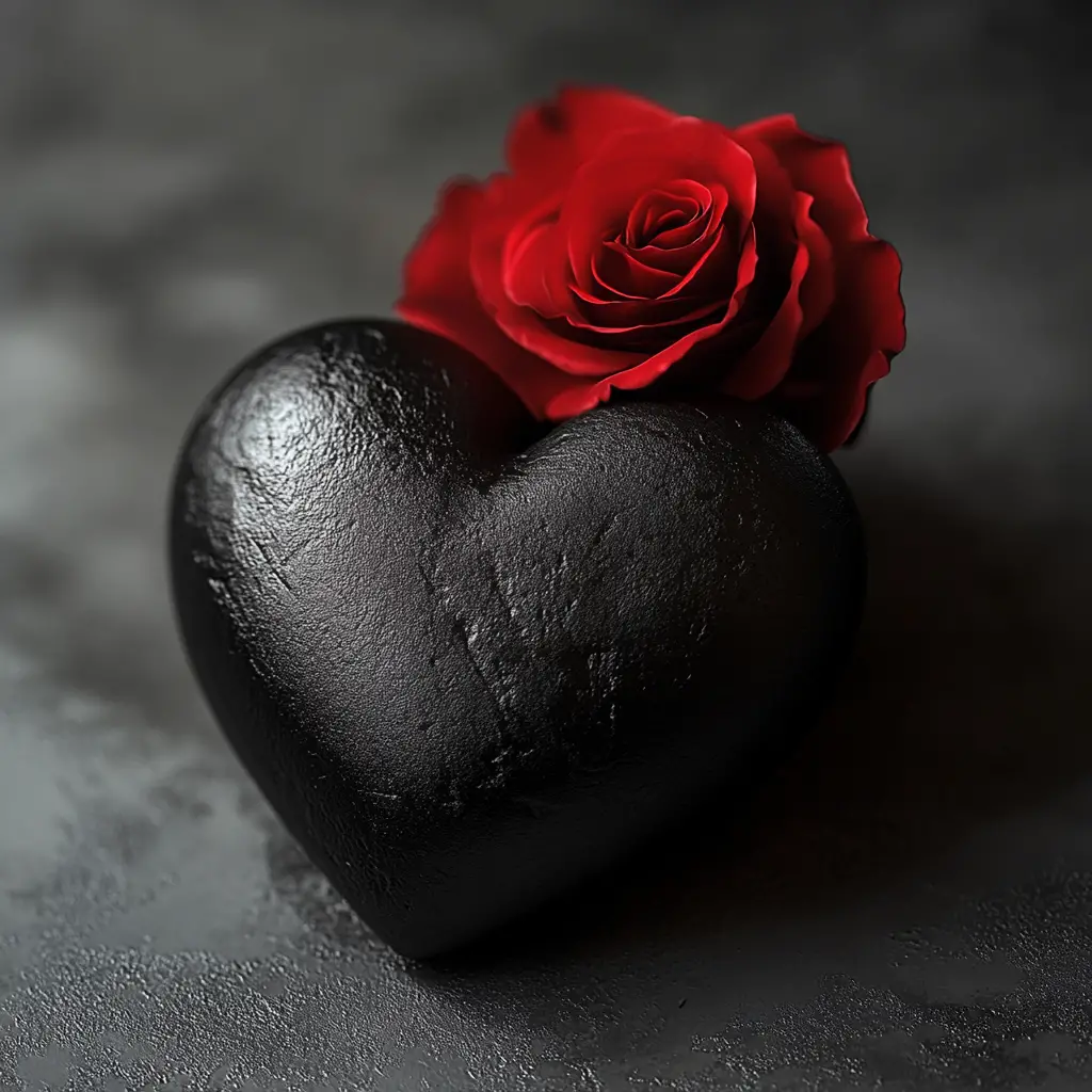 Black heart with single red rose in grayscale space