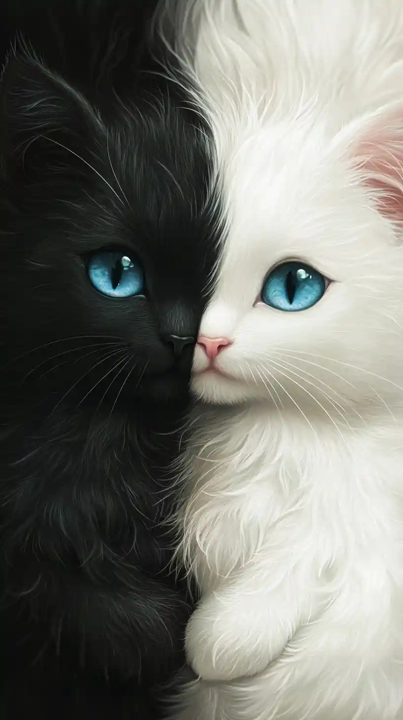 Fluffy yin yang cats with white and black fur close up