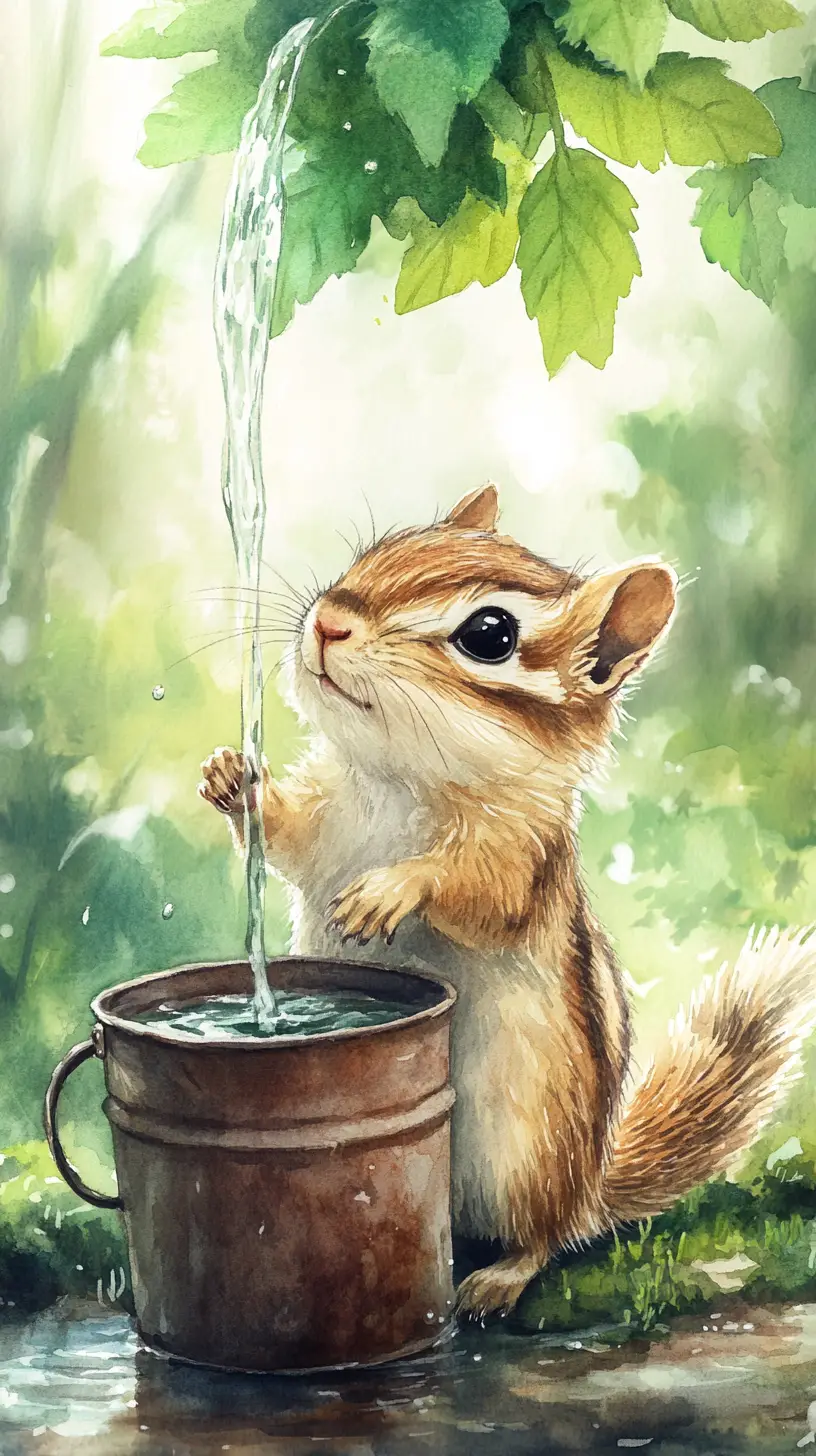 Watercolor chipmunk beside a rusty bucket in forest