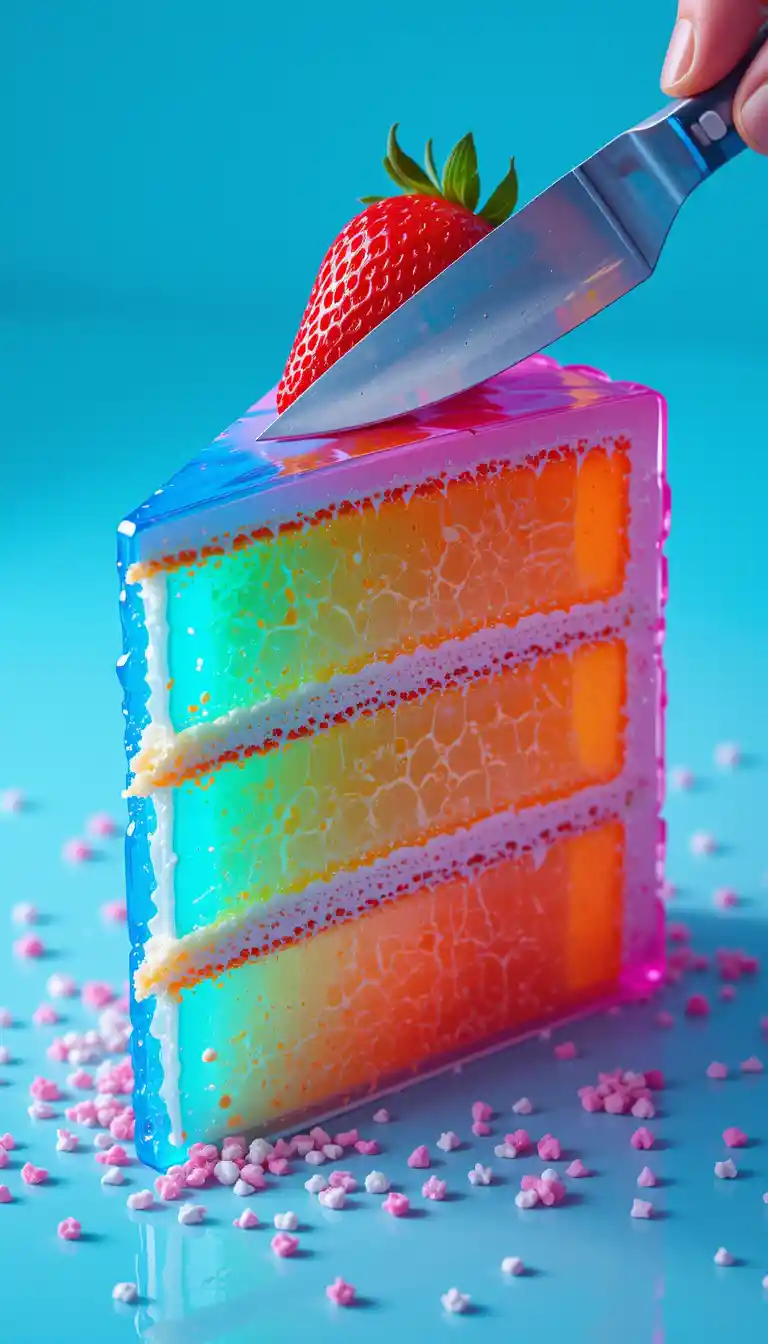 Colorful layered cake slice with strawberry and knife