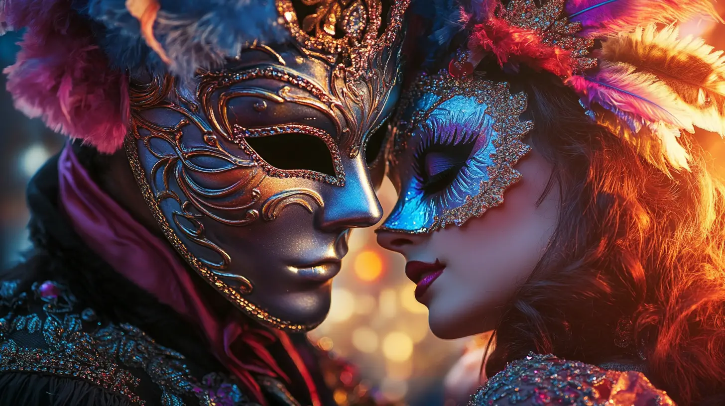 Masked couple dancing together at an elegant masquerade ball