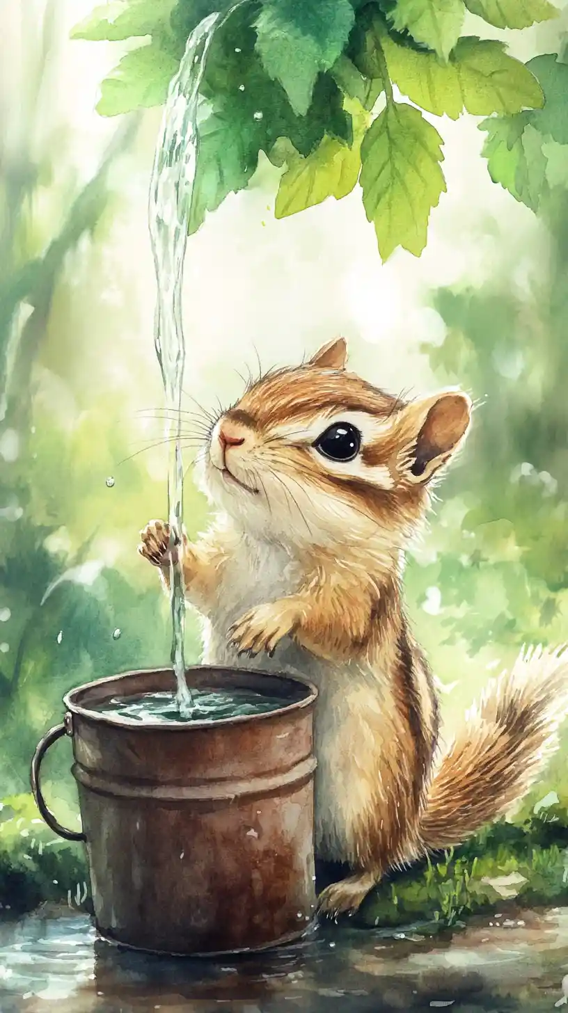 Tamia en aquarelle près d’un seau rouillé dans la forêt