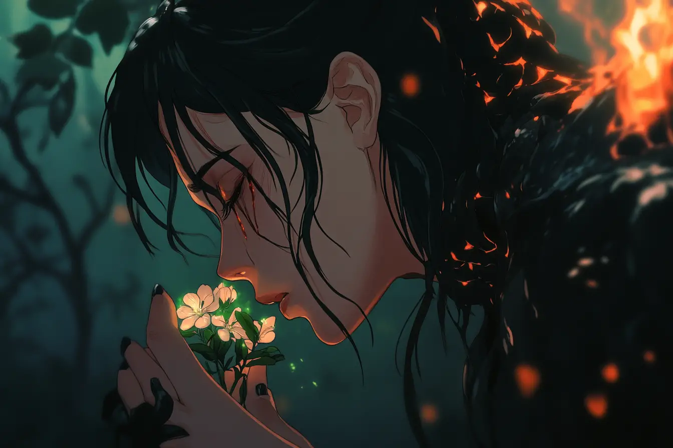 Anime woman kneeling among blossoms in glowing underworld