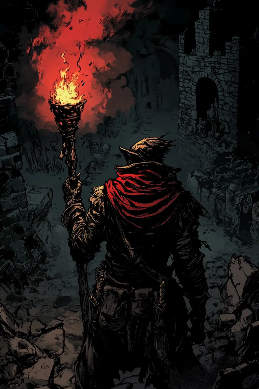 Crowd Huddled In A Torchlit Dungeon Interior