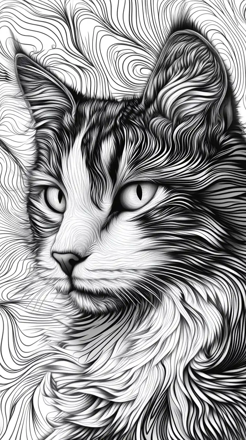 Surreal fluffy cat in hypnotic black and white pattern