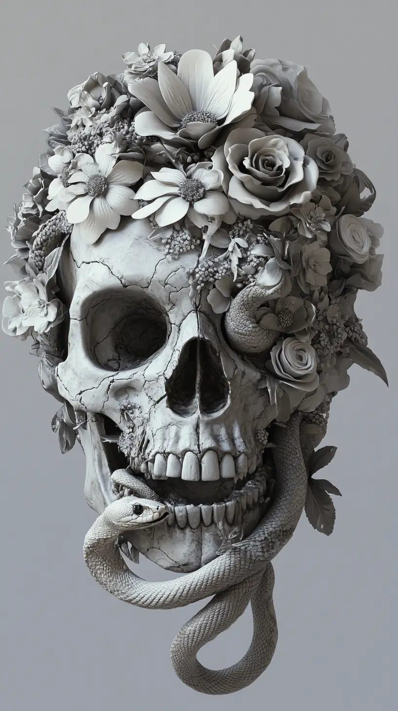 Broken skull with flowers and snake emerging from eye