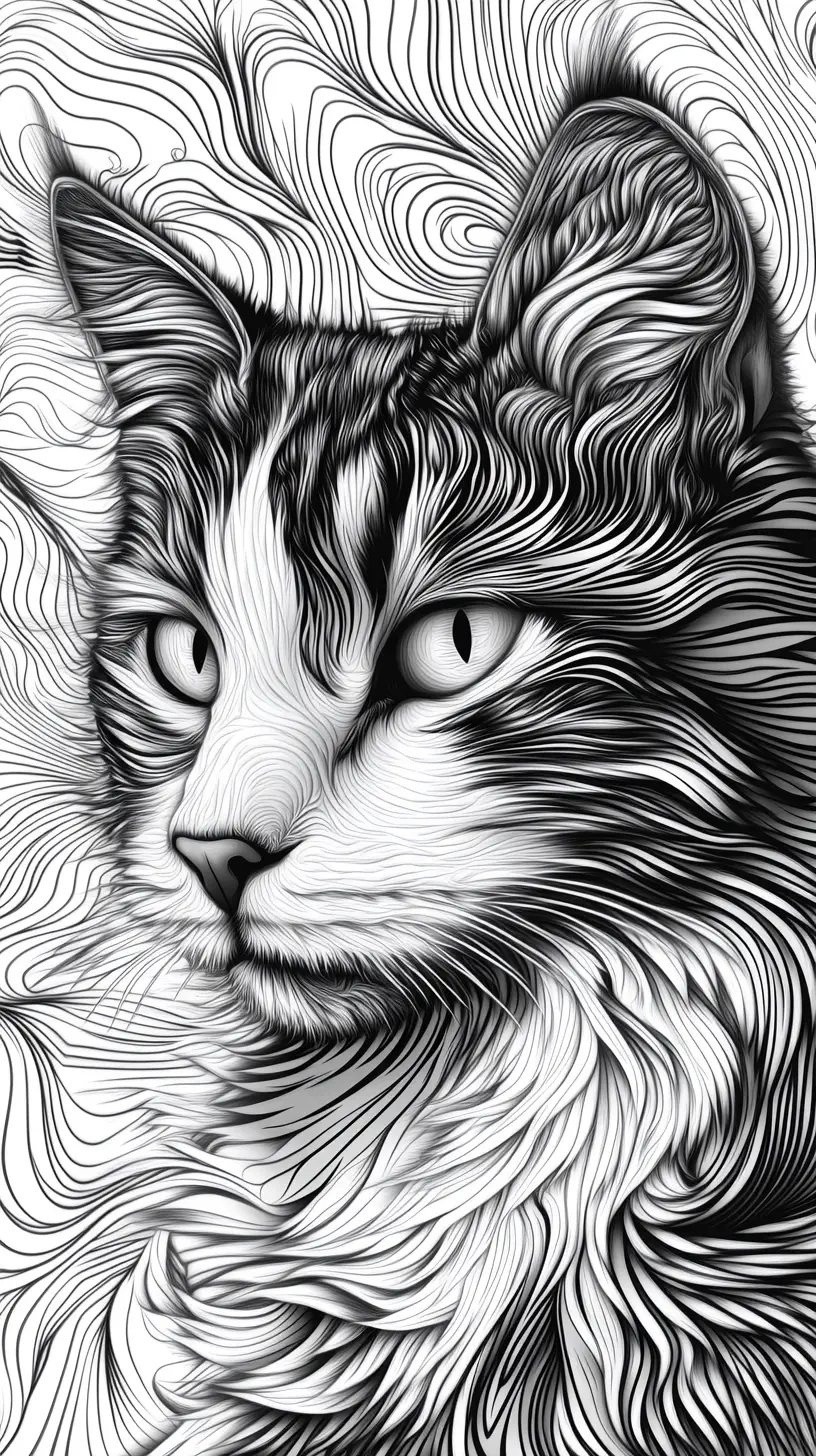 Surreal fluffy cat in hypnotic black and white pattern