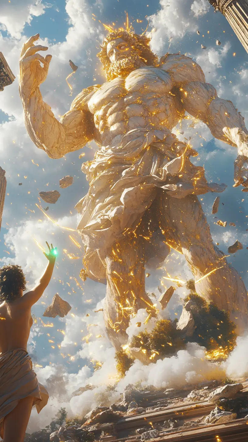 Zeus casting Persephone aside above shattered Olympus