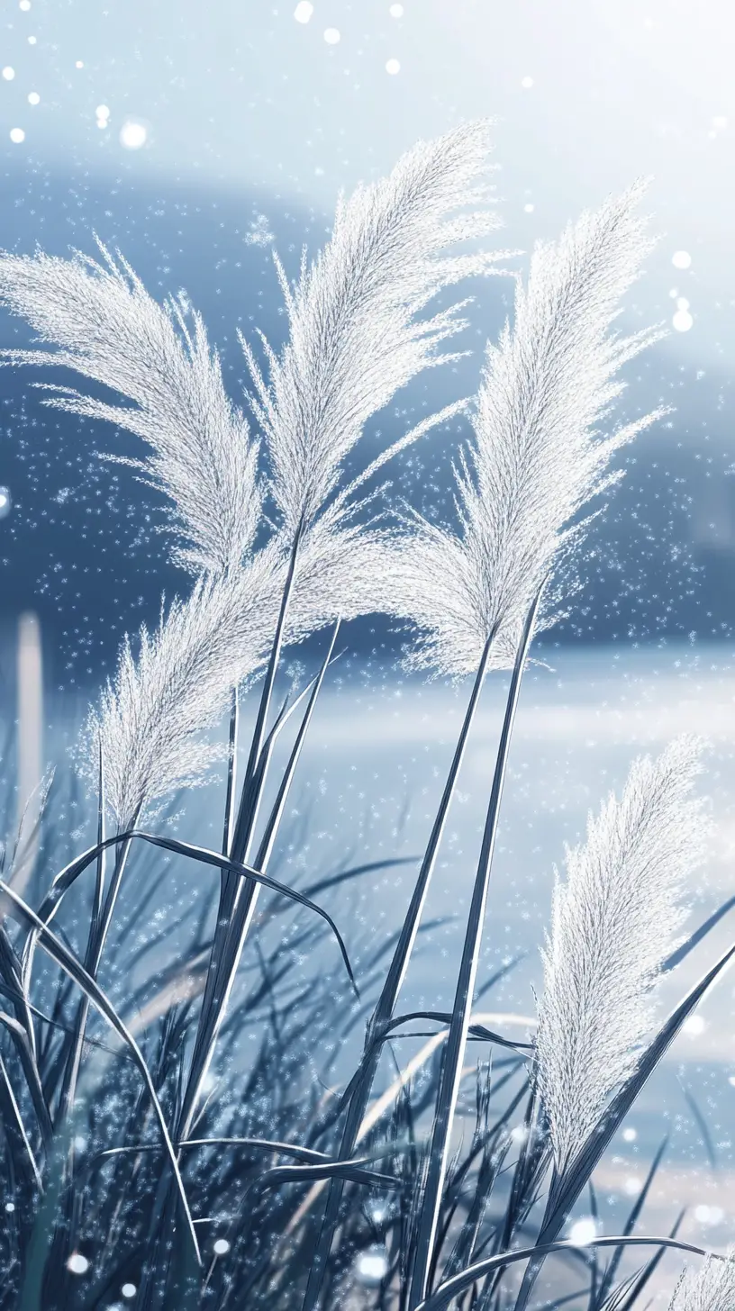 Close up pampas grass waving beside a tranquil lake