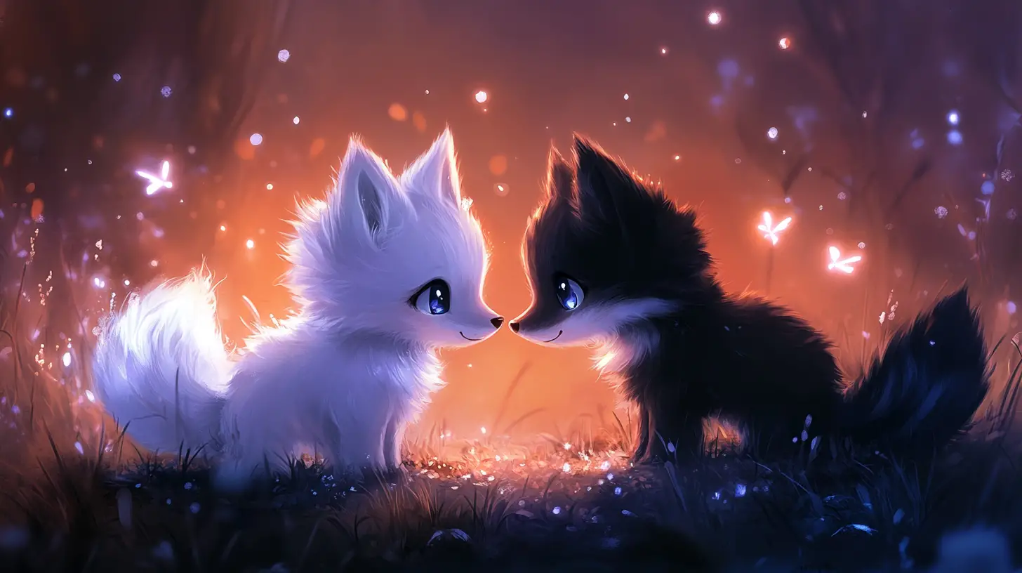 Two chibi foxes touching noses in a magical forest
