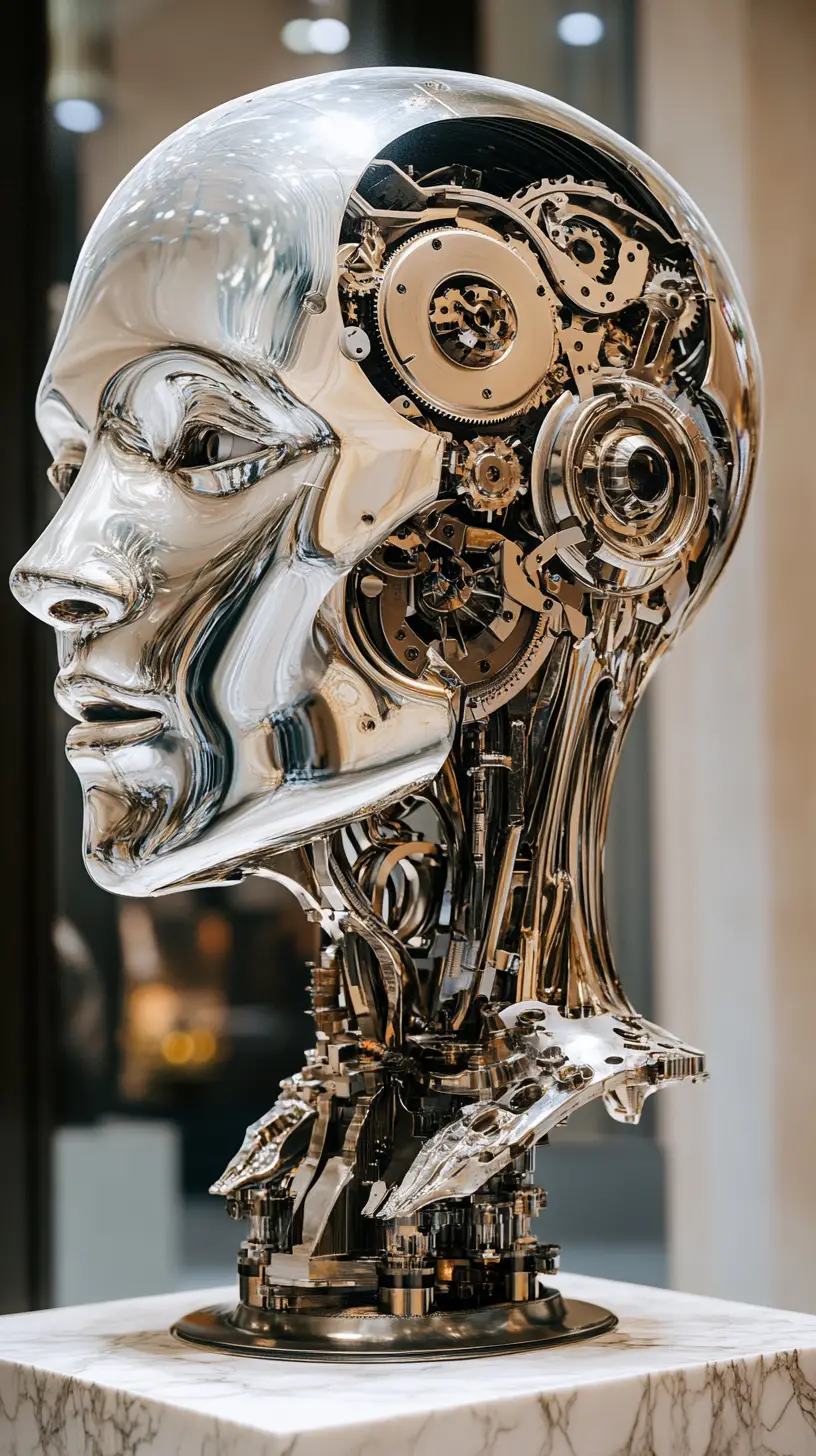Intricate mechanical head sculpture on a marble museum column