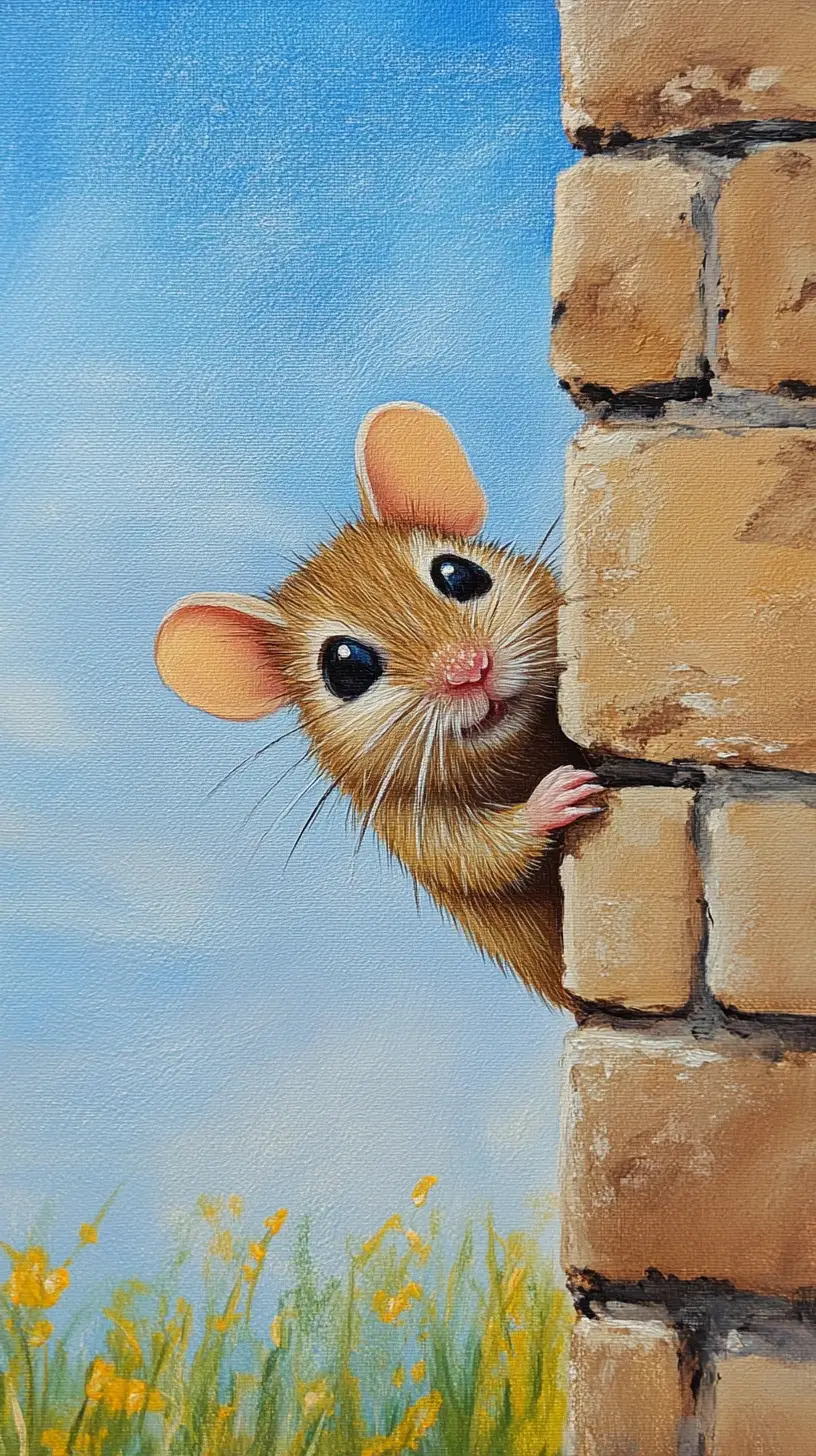 Cute chibi mouse peeking from brick wall in meadow