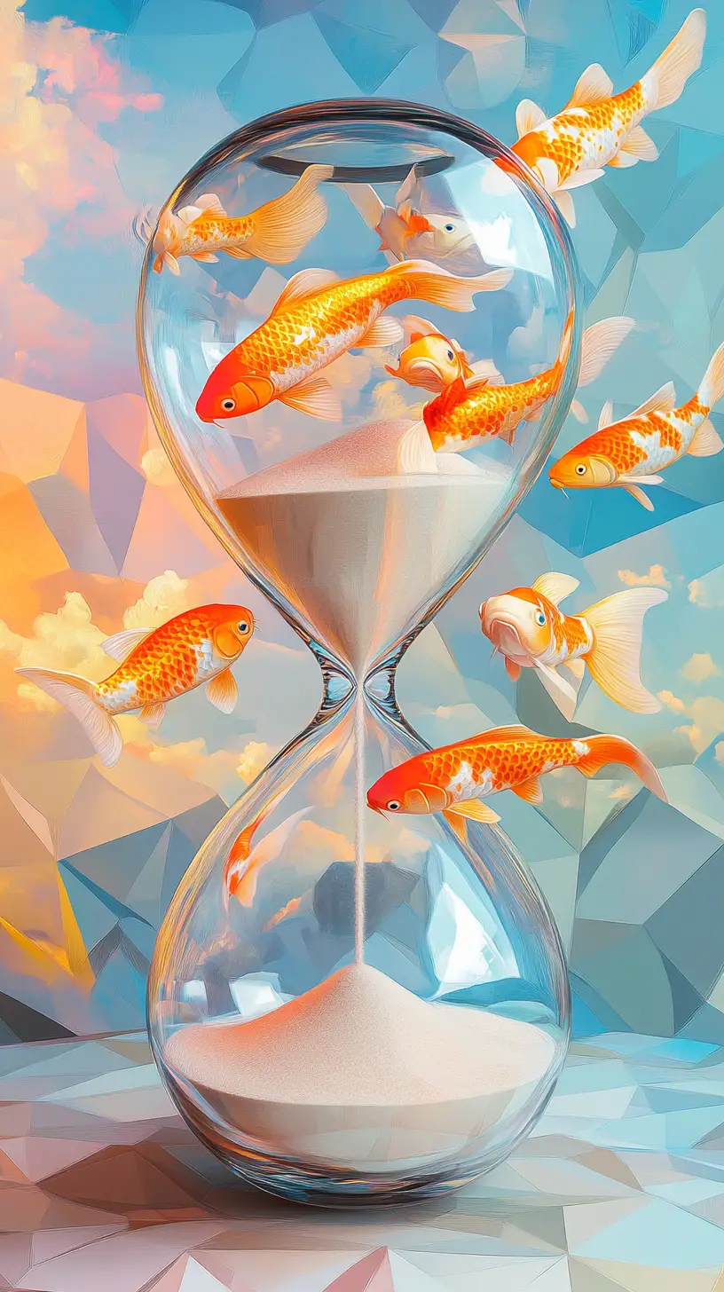 Surreal hourglass with glowing koi fish in pastel sky
