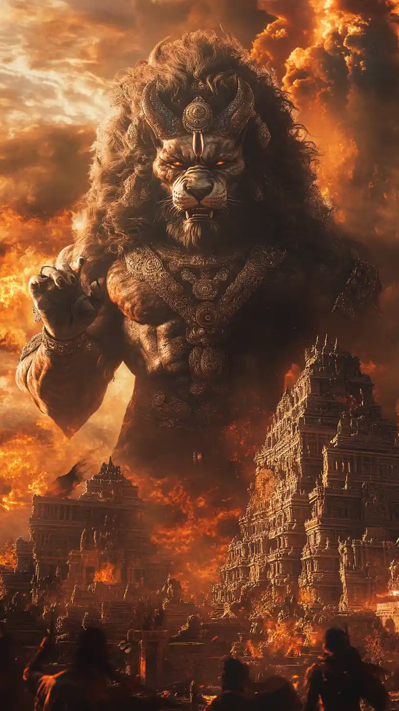 Divine lion warrior in apocalyptic fantasy battlefield