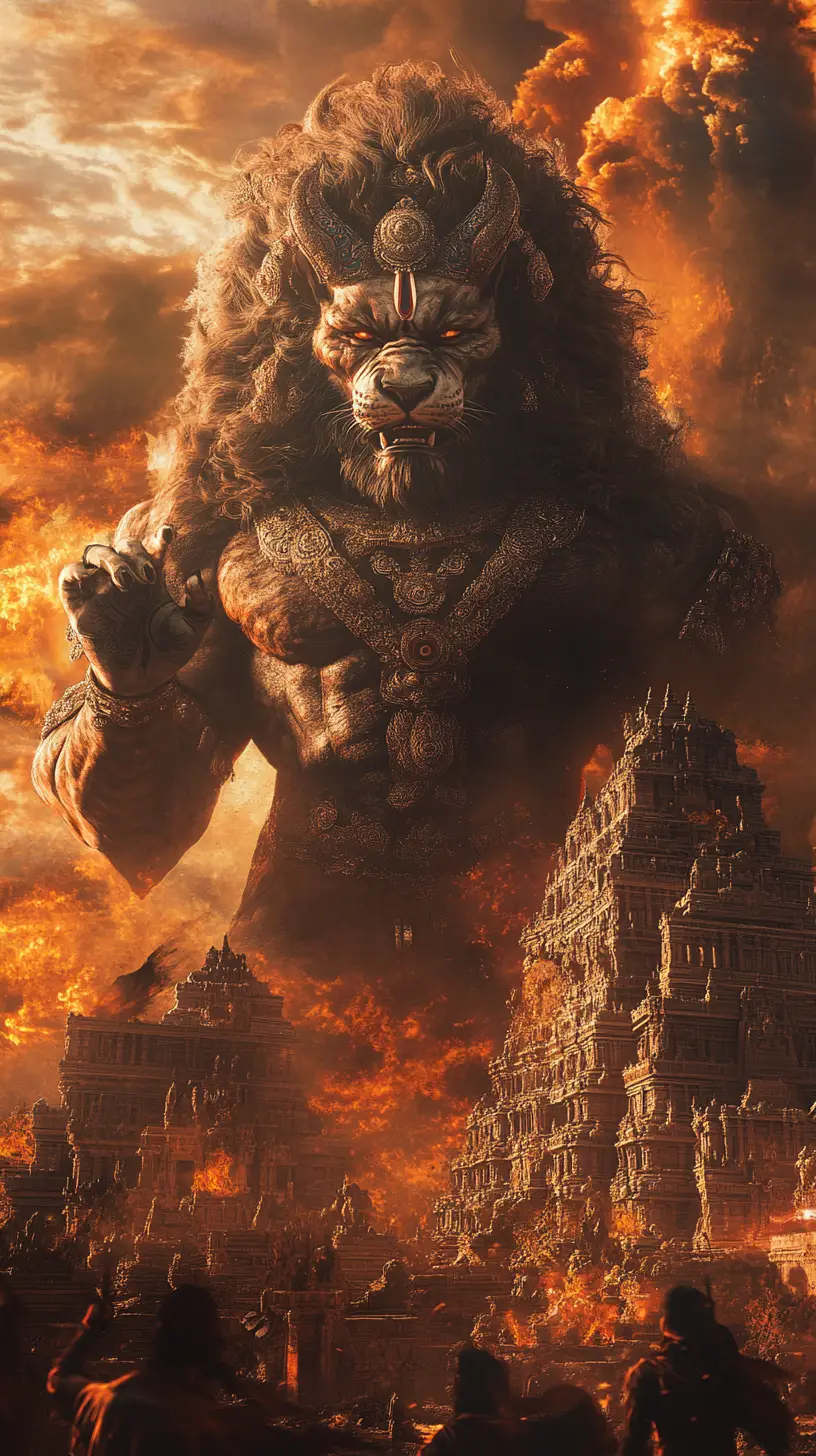 Divine lion warrior in apocalyptic fantasy battlefield