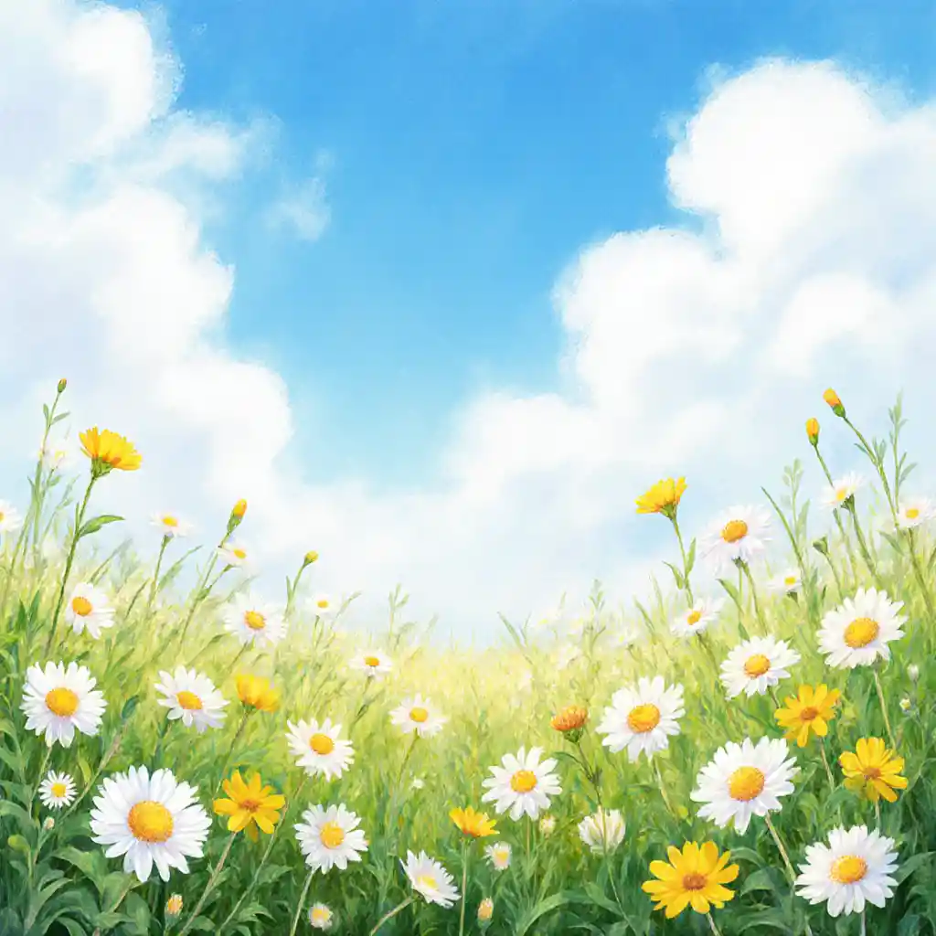 Peaceful Wildflower Meadow Under Soft Blue Sky