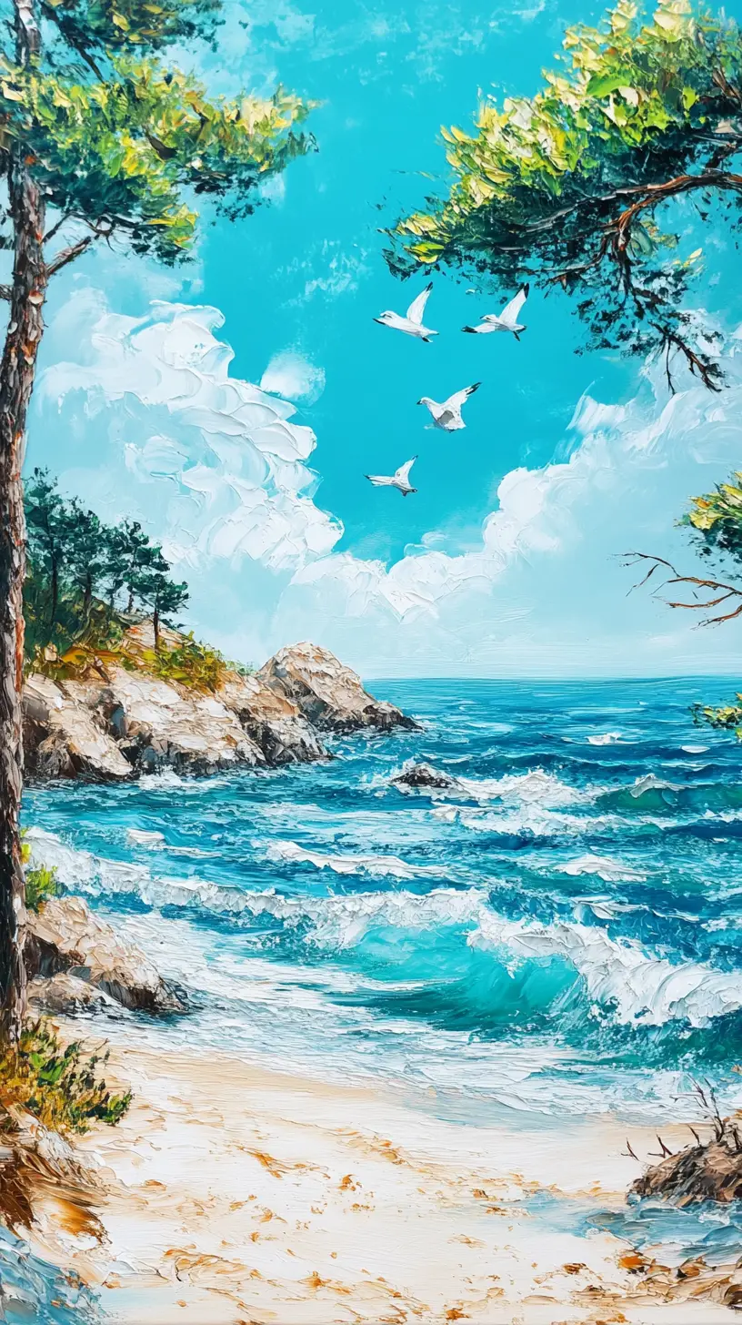 Oil painting of a serene blue ocean beach scene