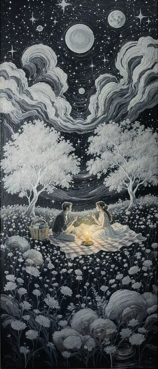 Romantic couple picnic in a white painted meadow