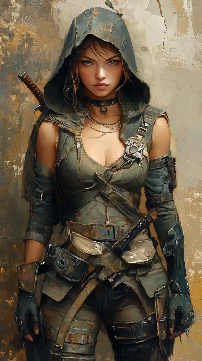 Mystical warrior maiden in golden oil painting portrait