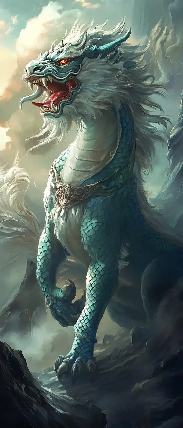 Maestoso drago guardiano giapponese sopra montagne avvolte nella nebbia