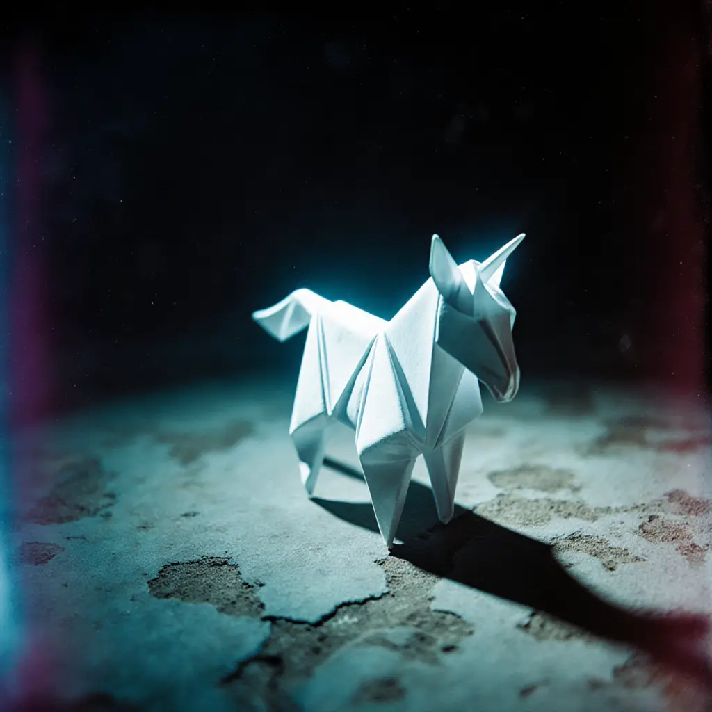 Cinematic close up of a white origami unicorn