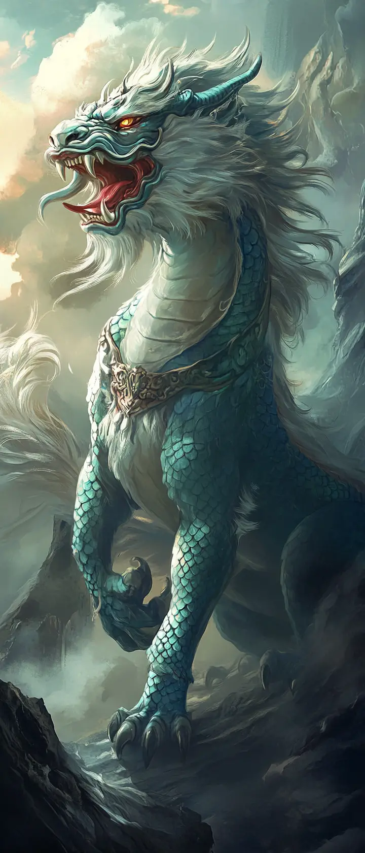 Majestic Japanese dragon guardian above misty mountains