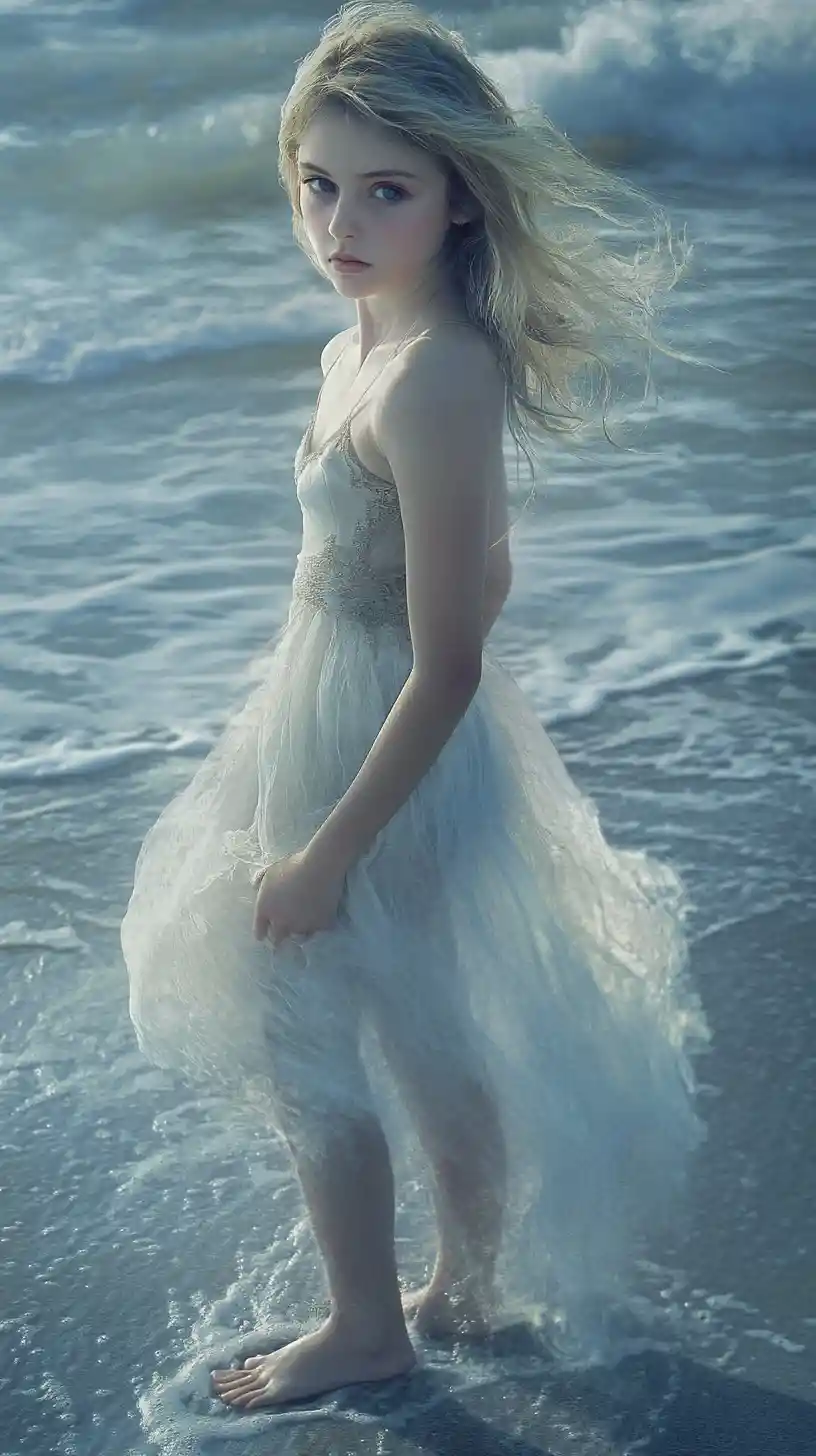 Confident young surfer girl standing barefoot on beach