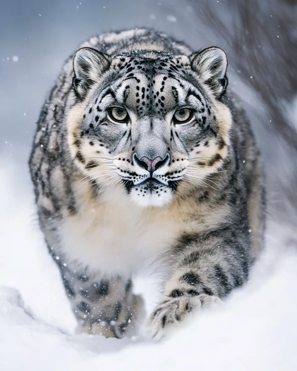 Snow leopard stalking ibex in snowy Himalayan mountains