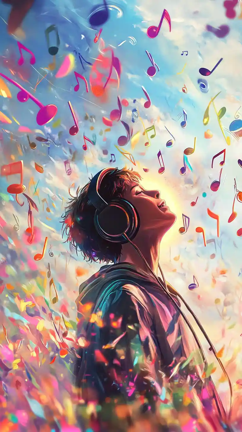 Colorful boy spirit with headphones and flying music notes