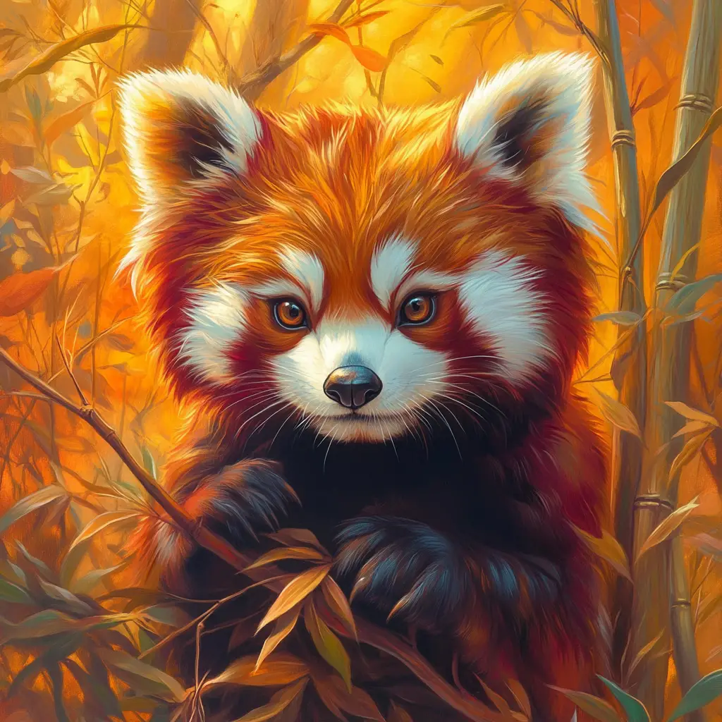 Majestic red panda in a vibrant mystic forest