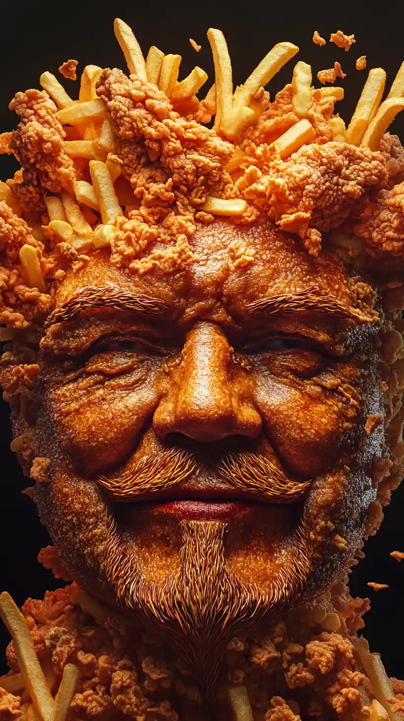 Colorful face made of french fries and fried chicken