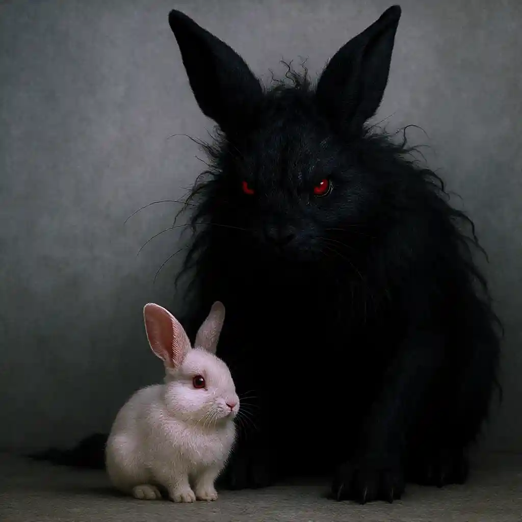 White rabbit facing looming dark rabbit in contrast